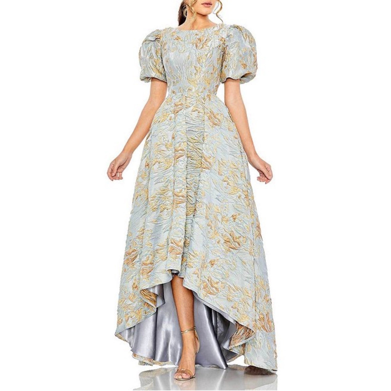 Mac Duggal Pale Blue And Gold High-Low Puff Sleeve Evening Dress